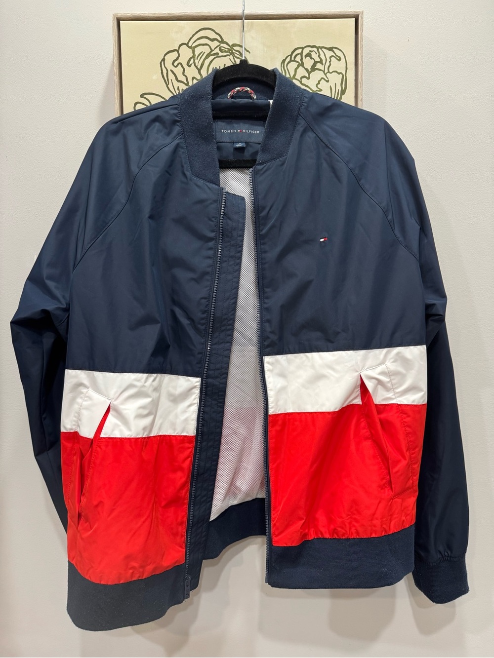 Tommy Hilfiger Navy White Red Colorblock Bomber Jacket Men’s Large ~ GOOD COND